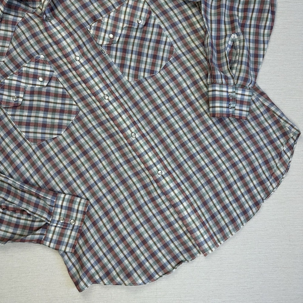VTG 70s Levis Big E Pearl Snap Shirt Men L Plaid Western Sawtooth Pockets Rodeo - Picture 3 of 10